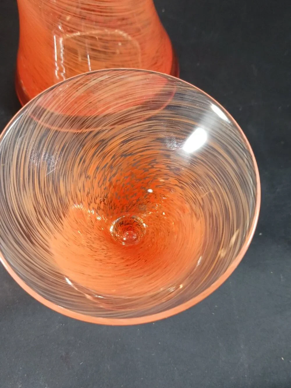 Dansk Orange Swirl MCM Style Pitcher/ Decanter & 2 Martini Cocktail Glasses